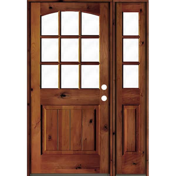 Krosswood Doors 50 in. x 80 in. Alder Left-Hand/Inswing 9-Lite Clear Glass Red Chestnut Stain Wood Prehung Front Door/Right Sidelite