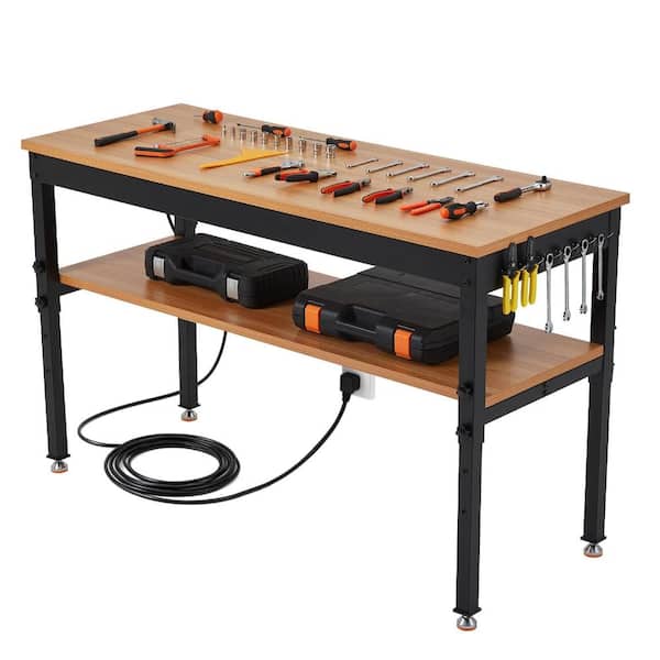 48×24 Adjustable Office Desk Workbench,2500 lbs,Two‑Tiers,Storage Shelf,Power Outlet,No Wheels