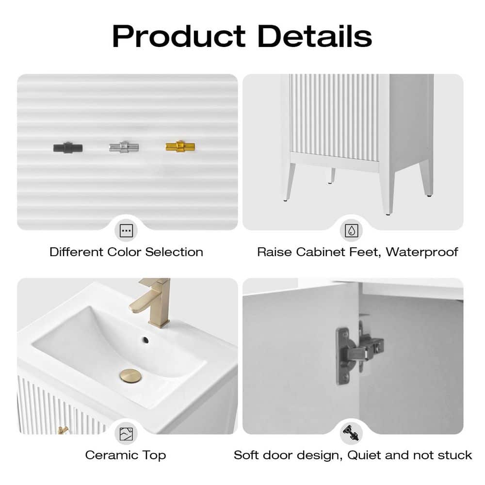 Linear White 24" Single Sink Bathroom Vanity with Ceramic Top