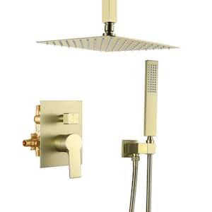Viki 3-Spray Patterns with 1.8 GPM 10 in. Tub Ceiling Mount Dual Shower Heads with Rough- in Valve in Brushed Gold