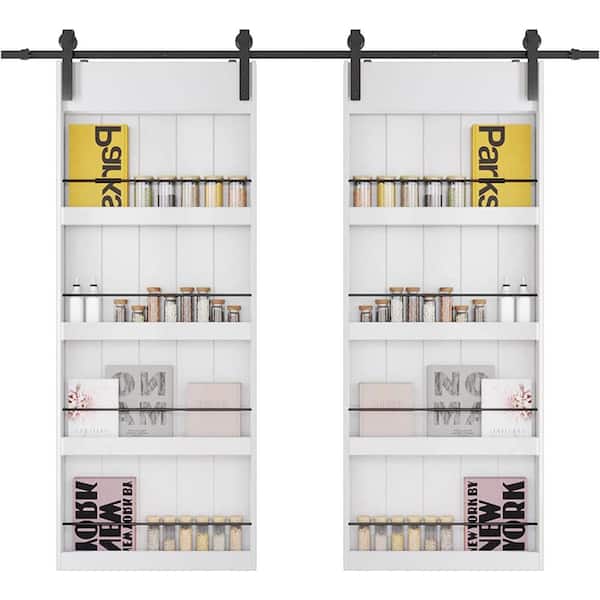 72 in. x 84 in. Double Sliding, White, Finished, MDF Barn Door Slab with Shelf Style