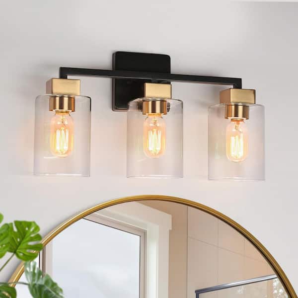 18 in. 3-Light Brass Bathroom Vanity Light for Mirrors, Clear Glass Black Bath Lighting, Modern Indoor Wall Sconce