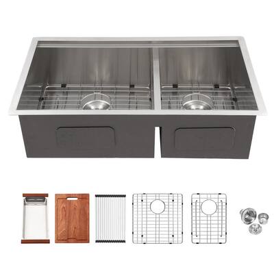 Wiggins Brushed Functional 16-Gauge Stainless Steel 33 in. 60/40 Double Bowl Undermount Kitchen Sink with Drain