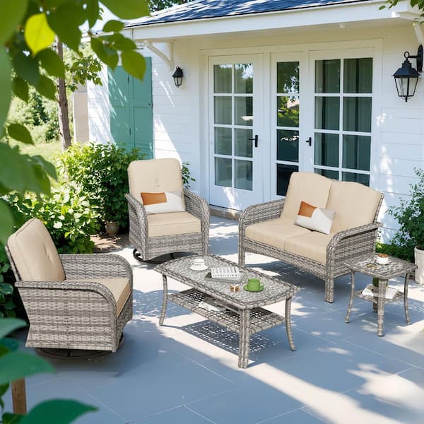 Mejy Gray 5-Piece Wicker Patio Conversation Set with Beige Cushions and Swivel Chairs
