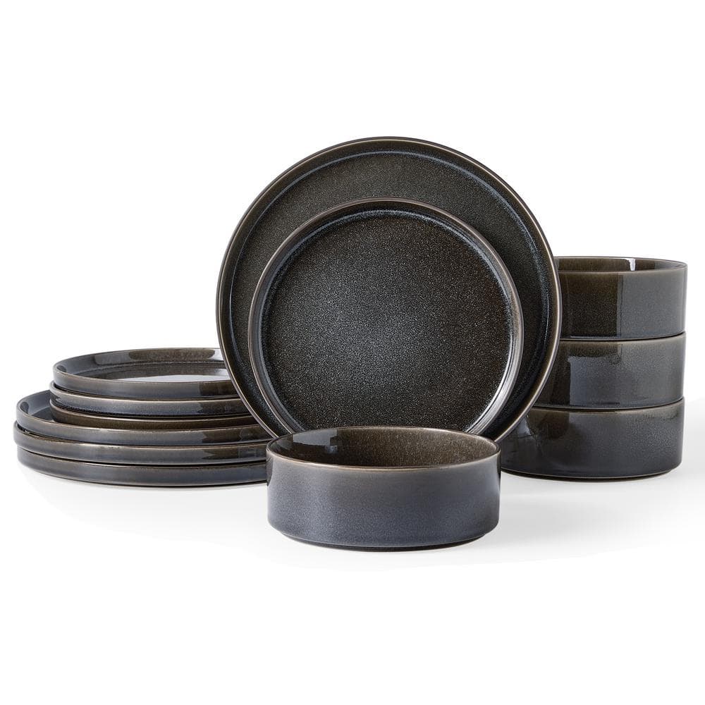 Black Ceramic Plates and Bowls Service for Microwave and Dishwasher Safe (S