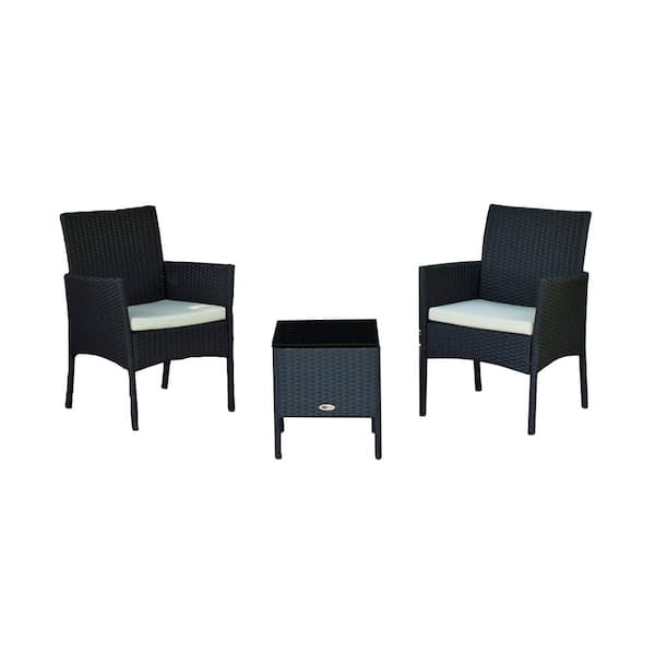 Unbranded Modern Black 3-Piece Wicker Patio Conversation Set with Beige Cushions