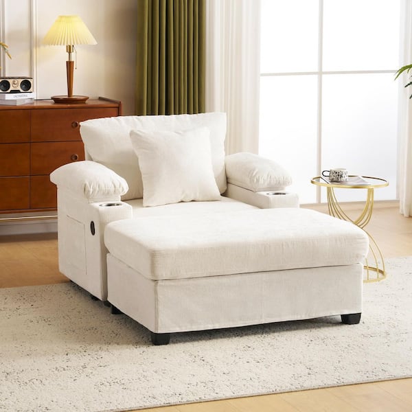 Kent Beige Chenille Upholstered Chaise Lounge with Ottoman, Cupholders, USB Charging Ports, Storage Armrest, Pillow