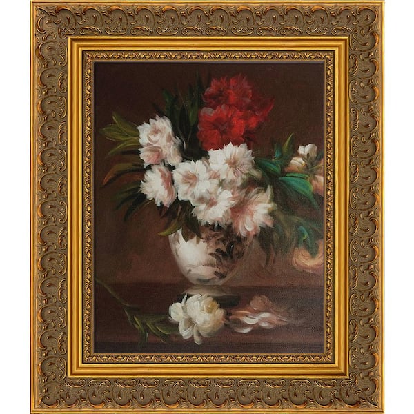La Pastiche Peonies In A Vase with Baroque Antique Gold Frame by Edouard Manet Framed Wall Art 12 in. x 14 in.