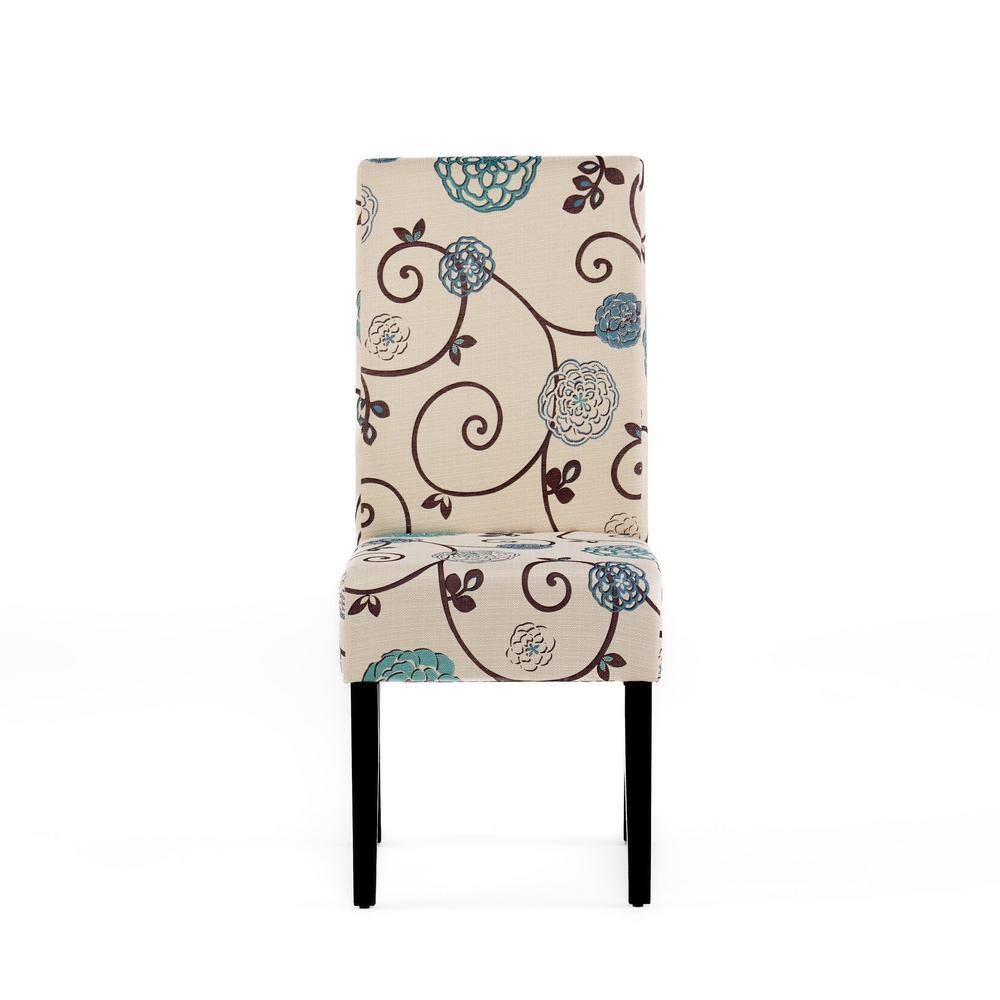 Light Beige and Blue Floral Upholstered Parsons Dining Chairs, Set of 4