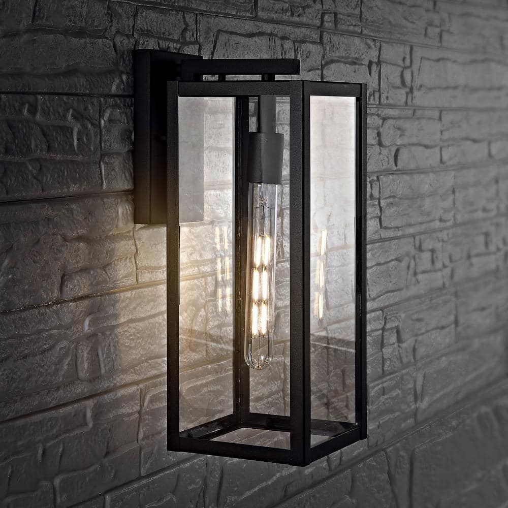 Black Iron Rectangular Outdoor Wall Lantern Sconce with Clear Glass