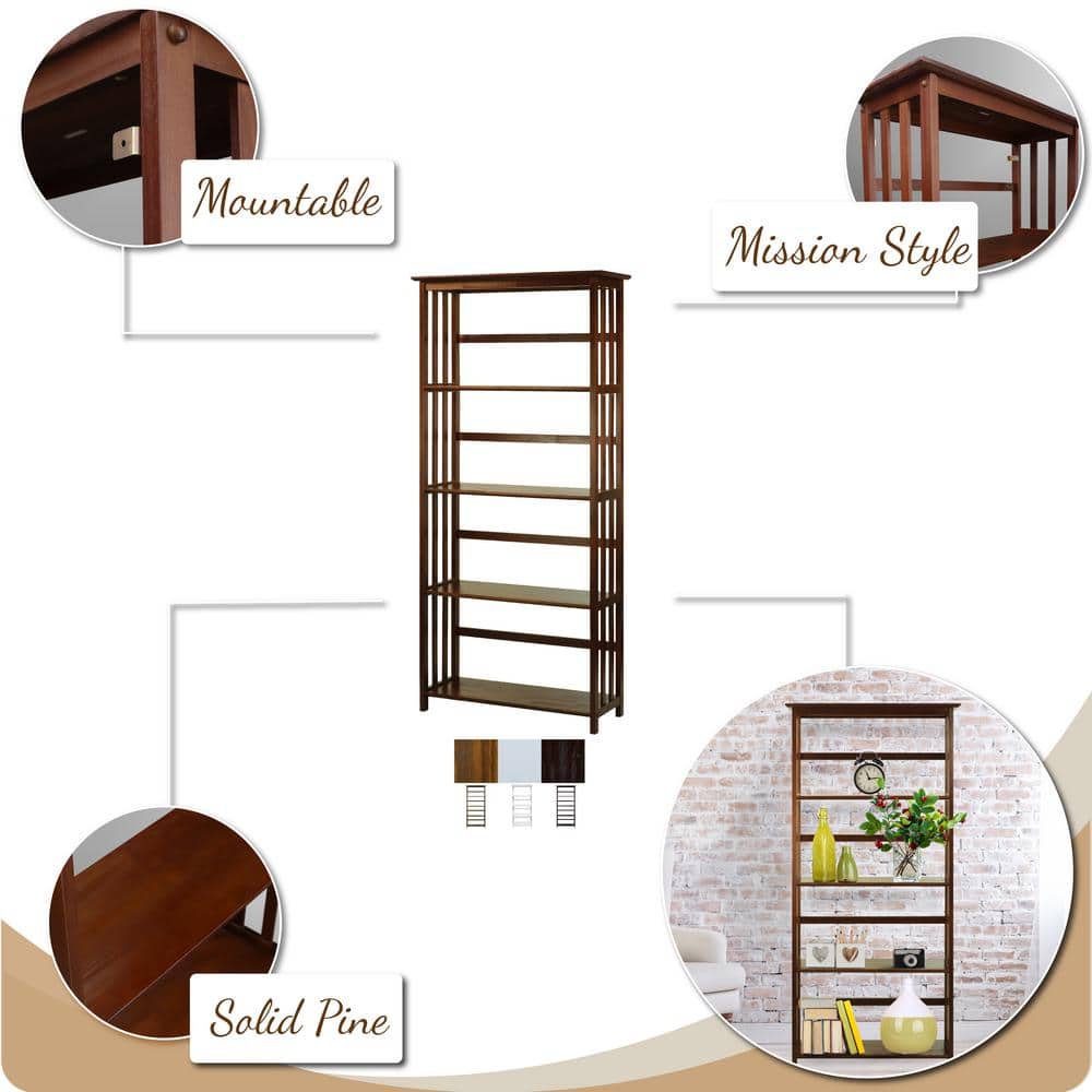 Mission Style Solid Walnut 5-Shelf Bookcase in Dark Stain