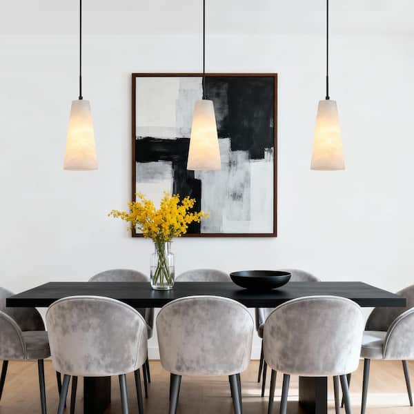 Natural Alabaster 1-Light Pendant Lights Kitchen Island White Marble Conical Shade Modern Black Chandelier Ceiling Light