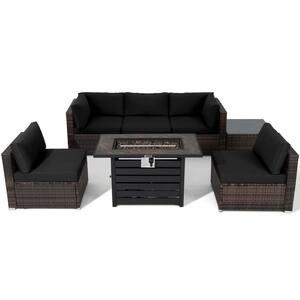 7-Pieces Patio Rattan Furniture Set 42 in. Fire Pit Table with Cover Cushioned Black