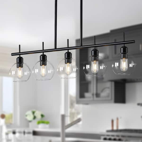 TinHon Modern 5-Light Black Linear Pendant Light with Clear Globe Glass Shades,Adjustable Height for Dining Room,Kitchen Island