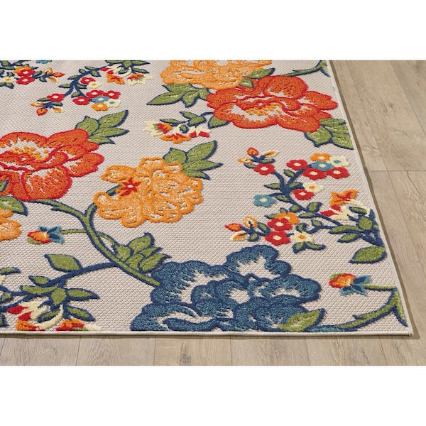 Ava Ivory 8 ft. x 10 ft. Mid-Century Floral Indoor/Outdoor Area Rug