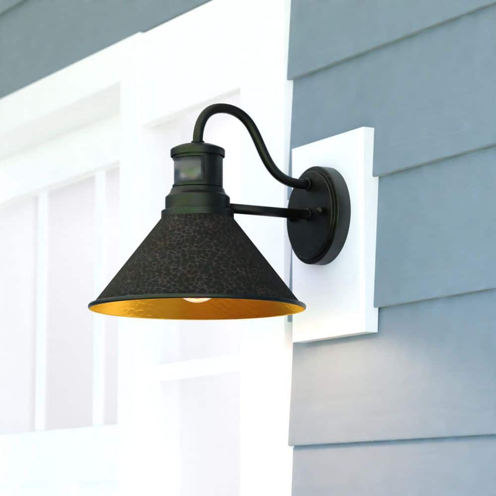 Outland 10 in. W Hammered Metal Rustic Bronze Motion Sensor Dusk to Dawn Outdoor Wall Light price history on PriceWatchPro