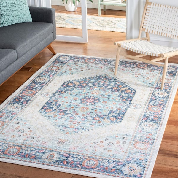 Phoenix 9 ft. x 12 ft. Ivory/Blue Distressed Medallion Border Area Rug
