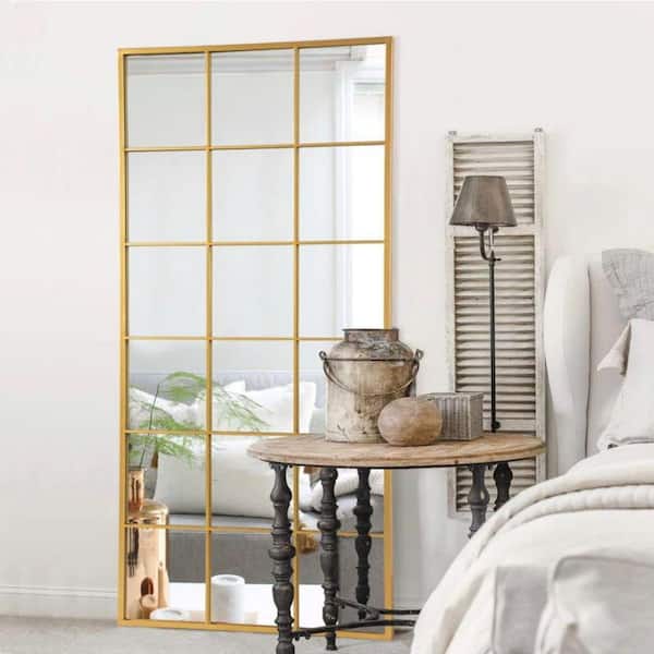 Lirago 30 in. W x 69 in. H Industrial Full Length Iron Frame Window Mirror in Gold