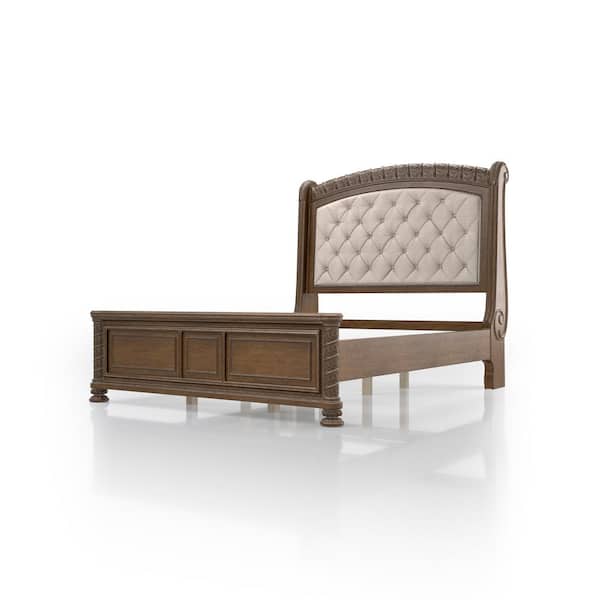 Furniture of America Nevva Beige and Rustic Natural Tone Wood Frame Queen Panel Bed with Padded Headboard