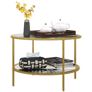 Side Table with Storage, 26 in. Round End Table, 2-Tier Tempered Glass Coffee Table Steel Frame, Gold