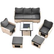 Echo Beige 6-Piece Wicker Outdoor Multi-Functional Patio Conversation Sofa Set with a Fire Pit and Black Cushions