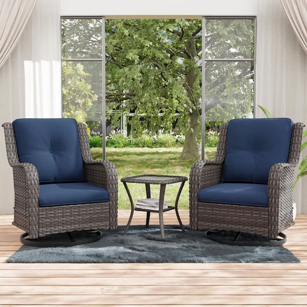 Swivel Brown Wicker Outdoor Rocking Chair with Blue Cushions and Side Table (Set 3-Pack)
