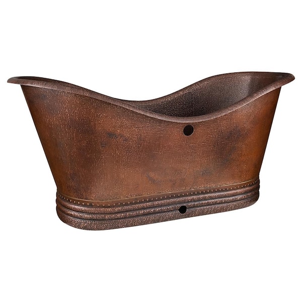 Premier Copper Products 67-in. Hammered Copper Flatbottom Double Slipper Bathtub with Overflow Holes in Oil Rubbed Bronze