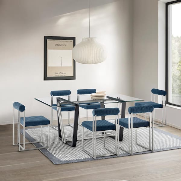 Armen Living Kai and Anastasia 7-Piece Blue and Glass Top Dining Set Seats 6