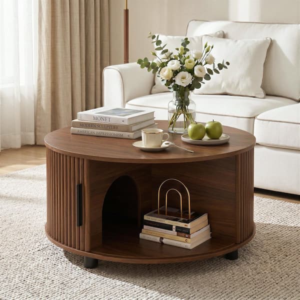Kiva 31.5 in. Walnut Wood Lift-Top Mid Century Round Coffee Table with Hidden Storage, Pet Play Area, Fluted Design