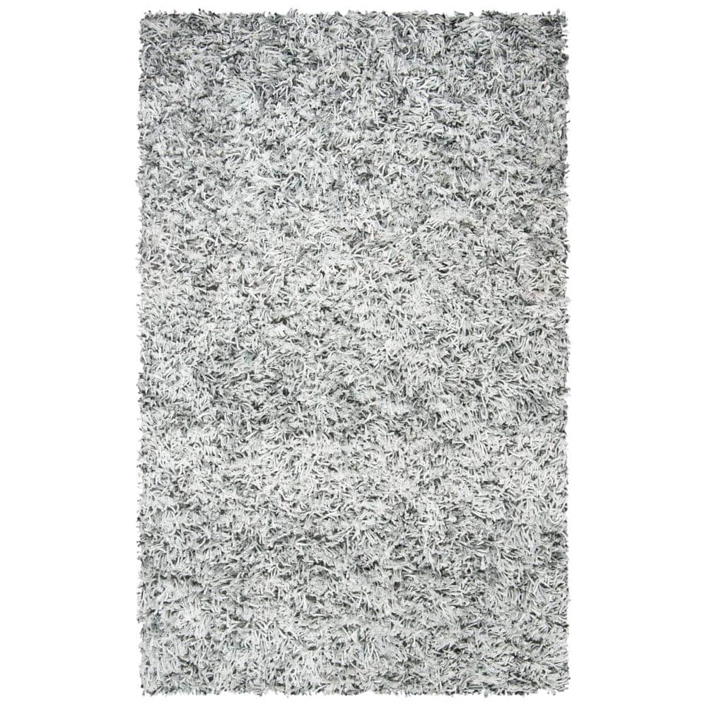 Hand-Tufted Grey Ivory Synthetic Shag Area Rug, 5' x 8'