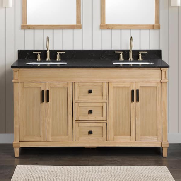 TJAmerican Diana 60 in. W x 22 in. D x 35 in. H Double Sink Bath Vanity in Natural Wood Finish with Black Carrara Quartz Top