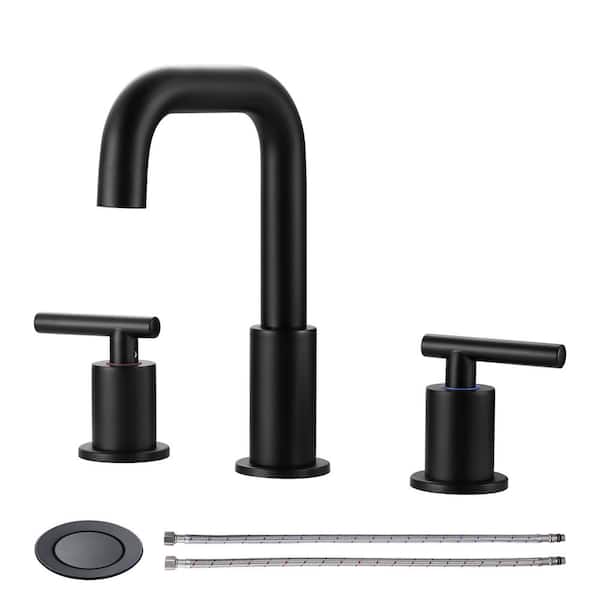 WOWOW 8 in. Widespread Double Handle Bathroom Faucet in Black Included Pop-Up Drain and Aerator