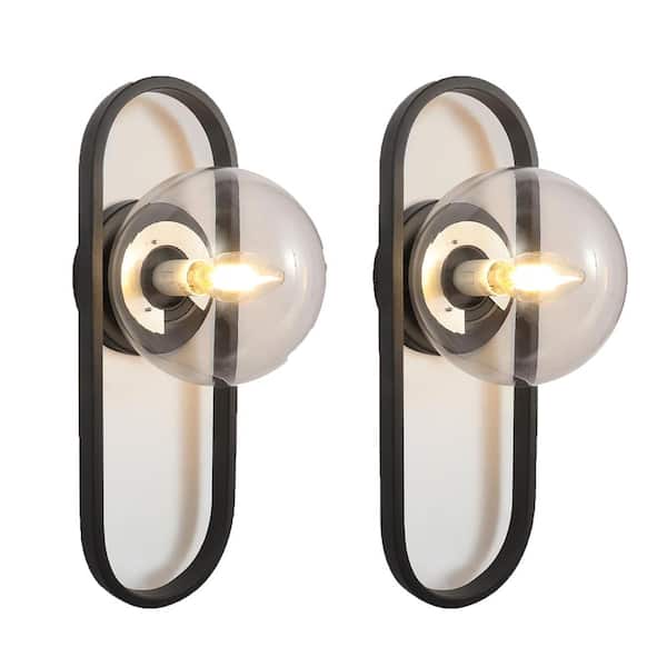 Lukyamzn Upgraded 1 Bulb Matte Black Wall Sconce with Clear Globe Glass Shade 2-Pack