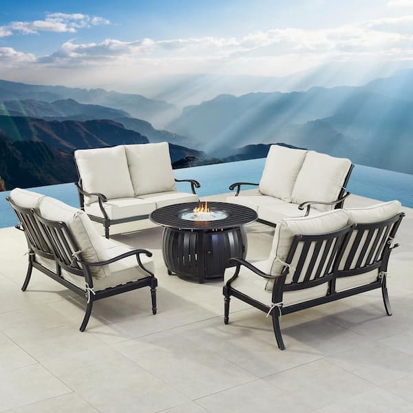 Black 5-Piece Aluminum Patio Fire Pit Set with Light Grey Cushions