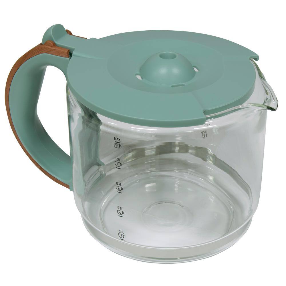 10-Cup Glass Carafe with Silt Green Lid and Faux Bois Handle