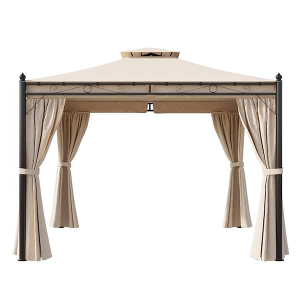 Unbranded 9.7 ft. L x 9.7 ft. W Outdoor Patio Gazebo with Privacy Polyester Curtain, Double Roofs for Decks, Beige