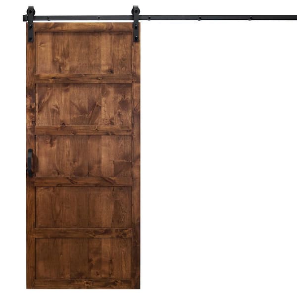 Dogberry Collections 36 in. x 84 in. 5-Panel Walnut Alder Wood Interior Sliding Barn Door Slab with Hardware Kit