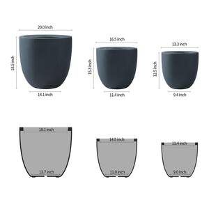 20", 16.5" and 13.3"W Round Charcoal Finish Concrete Planters, Set of 3 Outdoor Indoor w/ Drainage Hole & Rubber Plug