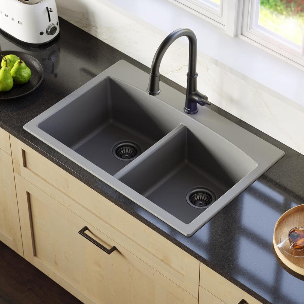 Karran Drop In Quartz Composite 33 In Double Bowl Kitchen Sink In Grey   Grey Karran Drop In Kitchen Sinks Qt 710 Gr 64 1000 