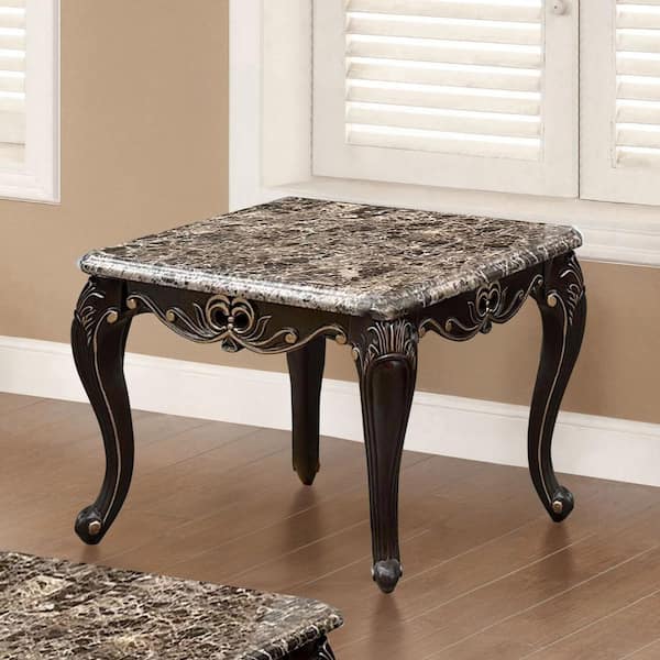 Furniture of America Katie 27.5 in. Dark Walnut Square Marble End Table with Cabriole Legs and Gold Highlights