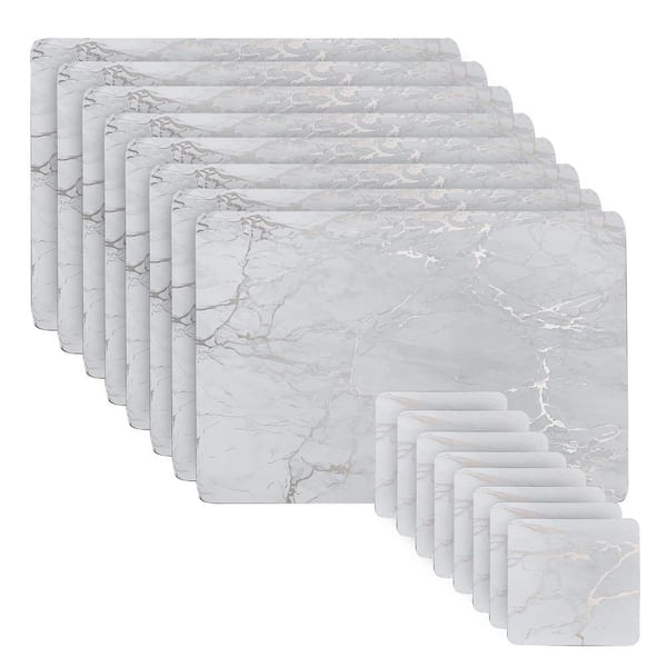 Dainty Home Marble Cork 12 in. x 18 in. Silver Rectangular Placemat and Coasters (Set of 16) 8-Coasters and 8-Placemats