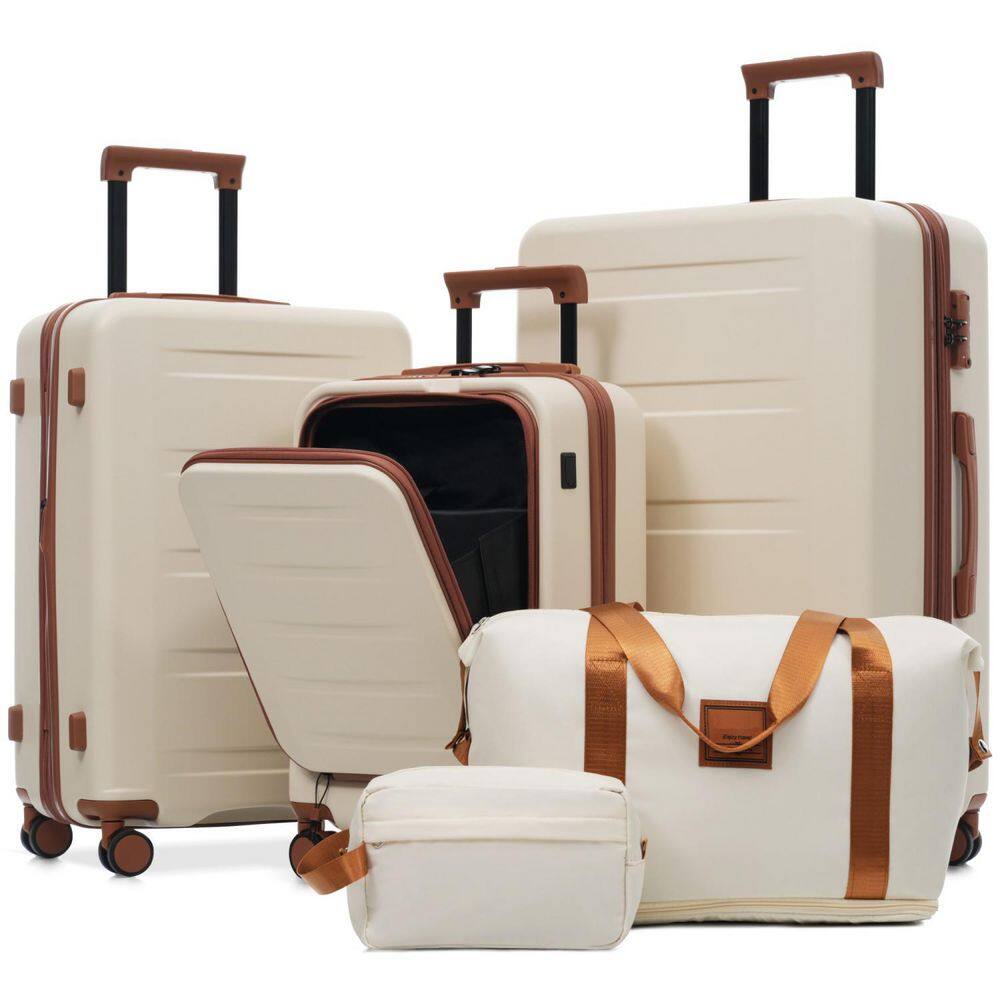 5 Pcs Luggage Set Brown+White ABS Plastic Hardside w/ Spinner Wheels USB Functionality Front Opening Expandable TSA Lock price history on PriceWatchPro