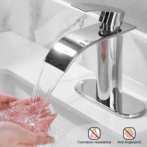 Mid-Arc Waterfall Single Hole Single Handle Sink Bathroom Faucet with Deckplate and Pop-Up Drain in Chrome
