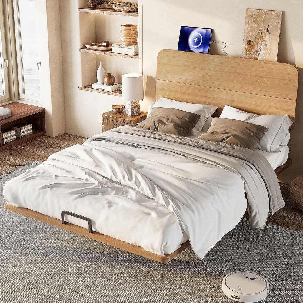 Natural Brown Solid Bamboo Wood Frame Full Size Platform Bed with Sturdy Support Slats price history on PriceWatchPro