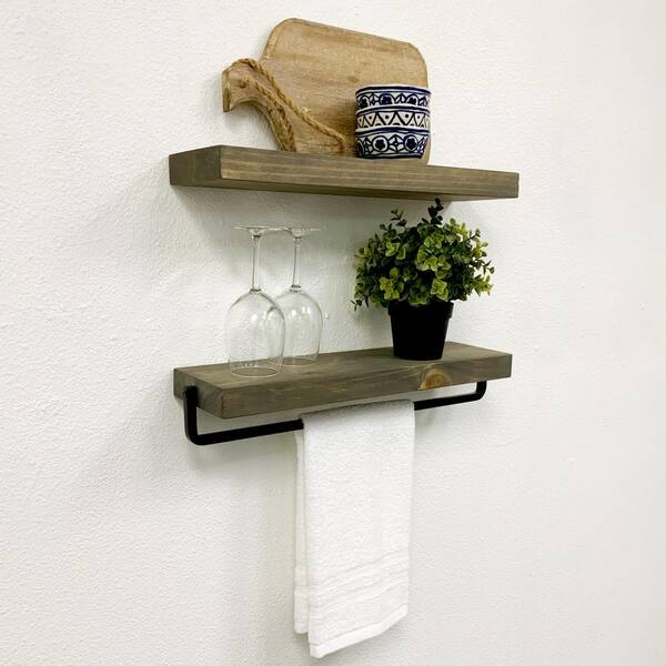 True Floating 5.5 in. x 21 in. x 3.5 in. Gray Pine Floating Decorative Wall Shelf Set with Towel Bar and Brackets