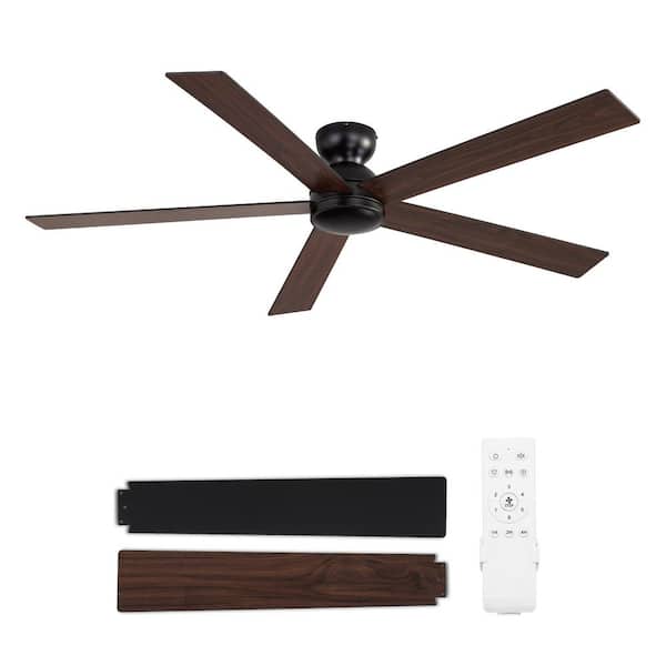 60 in. Indoor/Outdoor Matte Black 5 Blades Flush Mount Low Profile Ceiling Fans without Lights with Remote Control