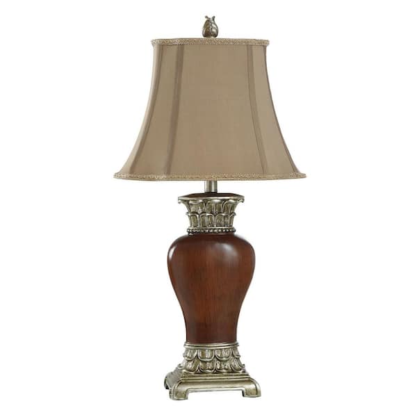 StyleCraft Table Lamp 30 in. Warm Cherry Coffee Traditional Urn Table Lamp for Living Room with Taupe Linen Shade