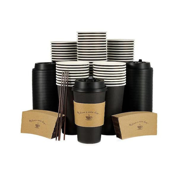 Black Disposable Paper Coffee Cups with Lids Sleeves Stirring Sticks 16 oz.. 100 Per Case Hot Cold Drinks Plastic