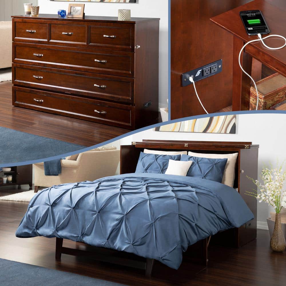 Queen Antique Walnut Murphy Bed Chest with Charging Station