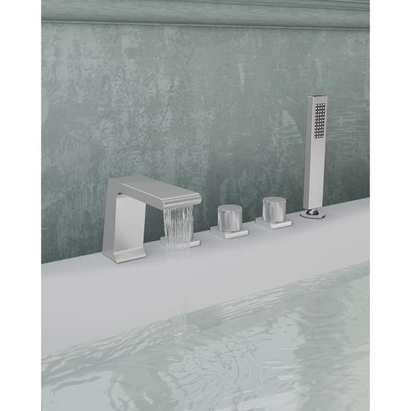 3-Handle Tub-Mount Roman Tub Faucet with Hand Shower in Brushed Nickel